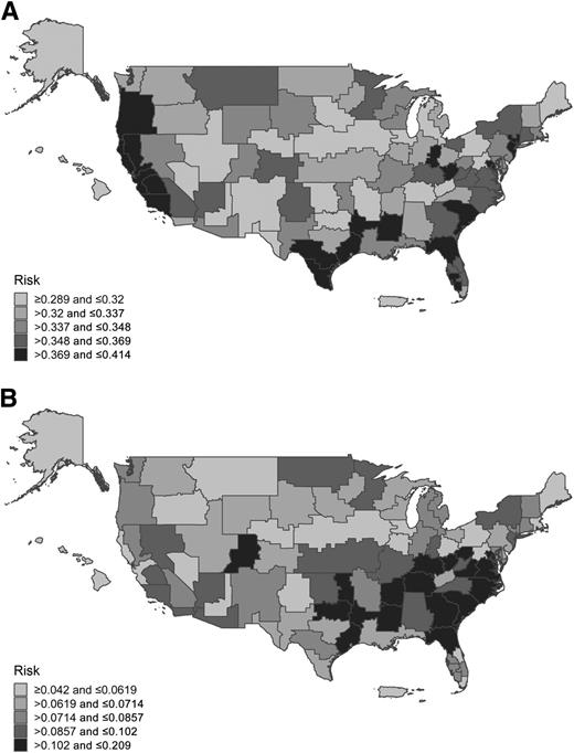 Figure 3. Twelve-month age- and race-adjusted risk of subsequent major or minor ipsilateral amputation (A) and major ipsilateral amputation (B) following an initial toe/ray amputation in patients with diabetes.