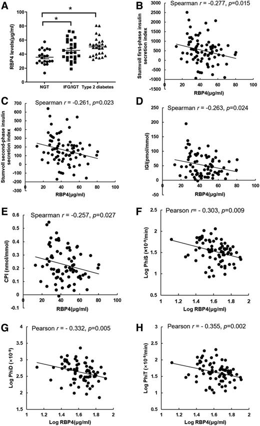 Figure 2. Elevated circulating RBP4 levels inversely correlate with β-cell function measures derived from the oral minimal model tests in subjects across the spectrum of glycemia (n = 74). A: Circulating RBP4 levels of subjects at each clinical stage recruited in the oral minimal model test. Data are presented as the mean ± SEM. *P < 0.05. The Spearman correlation between RBP4 levels and Stumvoll first-phase insulin secretion index (B), Stumvoll second-phase insulin secretion index (C), IGI (D), and CPI (E). The Pearson correlation between RBP4 levels and PhiS (F), PhiD (G), and PhiT (H). RBP4, PhiS, PhiD, and PhiT were log transformed into normally distributed parameters before the Pearson correlation analysis.