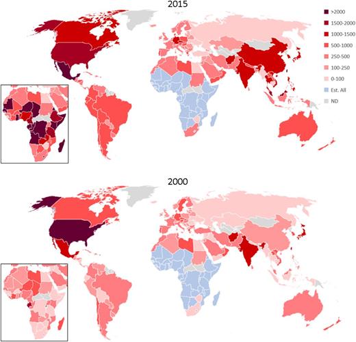 Figure 1. The annual incidence of ESRD among patients with diabetes in 2015 and 2000, in people pmp. “Est. all” marks the sub-Saharan African countries whose ESRD incidence was estimated by all ESRD patients requiring RRT instead of by those being treated. The inset maps show the results. ND, no data.