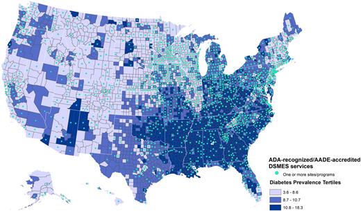 Figure 2. Counties with at least one DSMES service location as of April 2018, by diabetes prevalence. Data sources: Centers for Disease Control and Prevention, 2016 (www.cdc.gov/diabetes/data/countydata/statecountyindicators.html); ADA and AADE program data. Reprinted with permission from ref. 26.