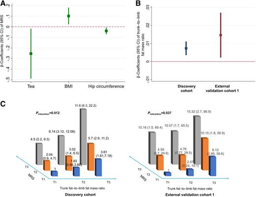 Figure 2. Adiposity and dietary factors modulate the association between gut microbiome and type 2 diabetes. A: Association of baseline adiposity and dietary factors with the microbiome risk score (MRS). Linear regression was used to estimate the difference in MRS per quartile (for continuous dietary factors), per unit (for adiposity factors), or per category (for ordinary factors) change in the baseline tested factors, with adjustment for demographic factors and type 2 diabetes medication use and mutual adjustment for the other tested adiposity, dietary, and lifestyle factors. We only present those adipose, dietary, or lifestyle factors showing significant association with the MRS in the figure. B: Association between MRS and trunk fat–to–limb fat mass ratio in the discovery cohort and external validation cohort 1. Linear regression was used to estimate the difference in trunk fat–to–limb fat mass ratio per unit change in the MRS, with adjustment for demographic, dietary, and lifestyle factors. C: Interaction between MRS and trunk fat–to–limb fat mass ratio for type 2 diabetes risk. Poisson regression was used to estimate the interaction of MRS and trunk fat–to–limb fat mass ratio for type 2 diabetes risk, with adjustment for demographic, dietary, and lifestyle factors. RR (95% CI) of type 2 diabetes by MRS stratified by trunk fat–to–limb fat mass ratio tertile (T) or RR (95% CI) of type 2 diabetes by trunk fat–to–limb fat mass ratio stratified by MRS tertile is presented.