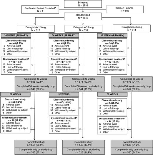 Figure 1. Patient disposition. *Patient randomly assigned at two different investigator sites, only counted once in randomization total; †Includes patients who discontinued the study.