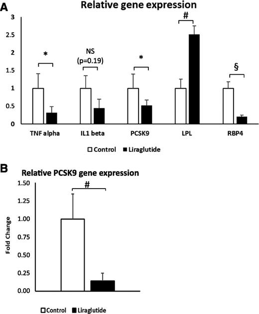 Figure 4. Effect of liraglutide on gene expression. (A) TNF-α, IL-1β, PCSK9, LPL, and RBP4 genes in adipose tissue. Diet-induced obese mice were treated for 10 days with either liraglutide (1 mg/kg) or saline (control) before gene expression measurement by real-time RT-PCR analysis. (B) PCSK9 gene expression in liver. Liver slices were obtained from ob/ob mice and treated for 21 h with liraglutide (250 μmol/L) or saline (control) before gene expression measurement by real-time RT-PCR. Data are mean ± SEM. *P < 0.05; #P < 0.01; §P < 0.001.