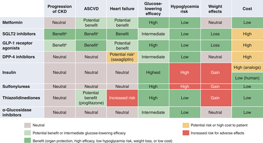 Considerations for selecting glucose-lowering agents in patients with T2D and CKD (2,17)