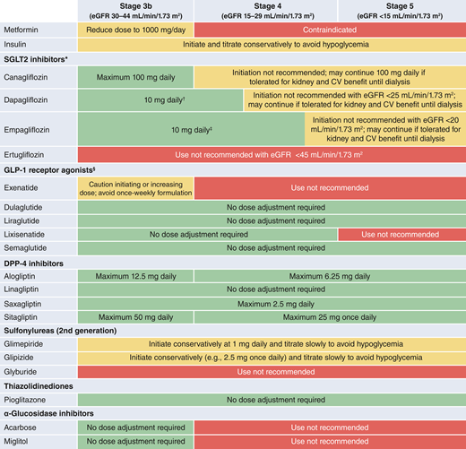 Dose adjustments for eGFR <45 mL/min/1.73 m2 (information presented reflects the package inserts rather than guidance from this consensus report)