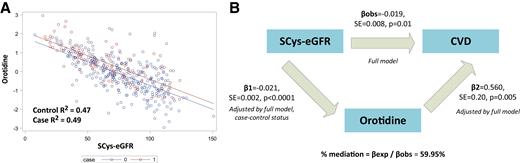 A: Correlation between orotidine and SCys-eGFR in the discovery set. Scatter plots and R2 coefficient of variation presented for orotidine and SCys-eGFR correlations among CVD case (red) and control (blue) subjects. B: Mediation analysis for estimating how much of the effect of SCys-eGFR on CVD is mediated by orotidine in the discovery set.
