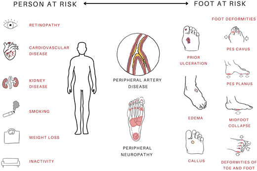 Person- and foot-specific factors interact to promote DFU risk and poor clinical outcomes.