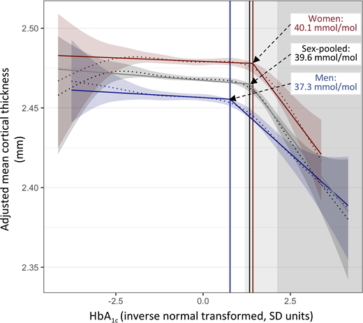 Association between HbA1c and mean CT in sex-pooled and sex-separate samples. Fitted lines and 95% confidence bands of smooth curves (dotted lines) and fitted lines from segmented linear regression (solid lines) are shown. HbA1c levels were inverse-rank normal transformed, and mean CT was adjusted for age, age squared, time between blood draw and brain MRI, and scanning center. Breakpoint values of HbA1c (i.e., values of HbA1c at which HbA1c–CT association shifts from absence to presence) are shown as vertical lines. Light- and darker-gray backgrounds indicate prediabetes (HbA1c 39–47 mmol/mol) and diabetes (HbA1c ≥48 mmol/mol), respectively.