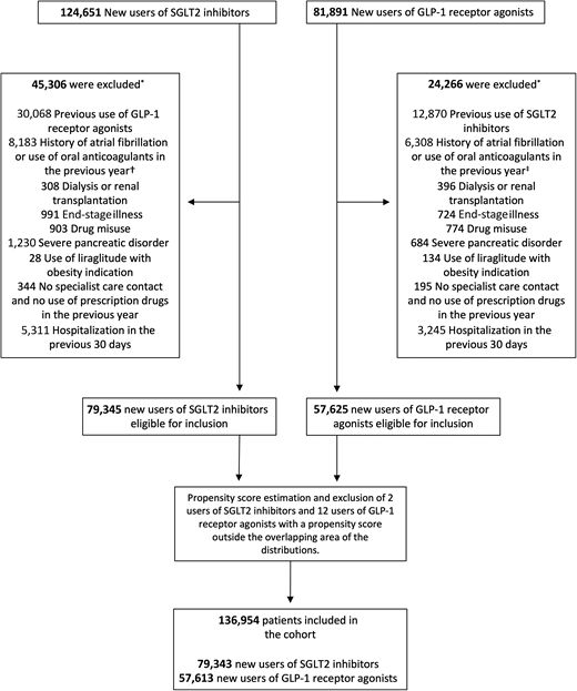 Flowchart of patient inclusion in the study cohort: Sweden, Denmark, and Norway. *One patient could be excluded due to more than one reason. †Of the excluded users of SGLT2 inhibitors, 6,383 had a history of AF, and 6,866 had used oral anticoagulants in the previous year. ‡Of the excluded users of GLP-1 receptor agonists, 4,881 had a history of AF, and 5,249 had used oral anticoagulants in the previous year.