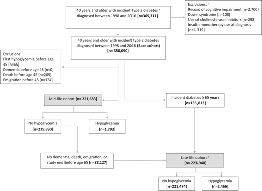 Flowchart of cohort study. aBased on the Canadian Chronic Disease Surveillance System (one hospitalization or two physician claims within 2 years), without a code indicating type 1 diabetes. bAt any time before diabetes diagnosis, with a minimum of 2 years; patients (n = 204) may belong to more than one group. cLate-life cohort consists of those with incident diabetes age ≥65 years and those without hypoglycemia who did not have dementia or were censored before age 65 years.