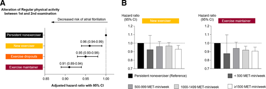 Risks of incident AF according to PA alteration and energy expenditure. A: The dots present HRs, and the whiskers present 95% CIs according to PA alteration between health examinations. B: The bar graphs present HRs with 95% CIs according to energy expenditure of new exerciser (left panel) and exercise maintainer (right panel). *Adjusted for age, sex, BMI, hypertension, dyslipidemia, diabetes duration, glomerular filtration rate, fasting glucose level, use of insulin, use of oral hypoglycemic agents, income level, smoking history, and alcohol consumption level.