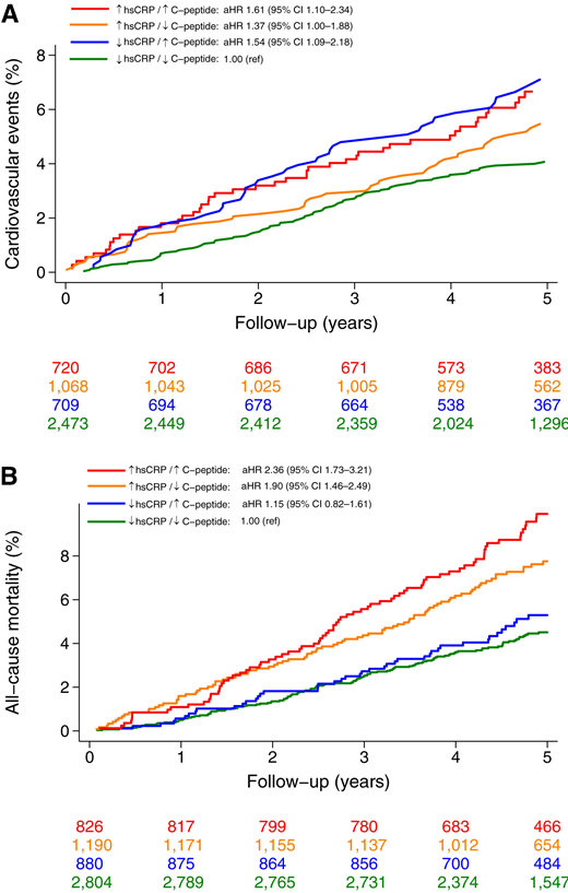 Joint effects of hs-CRP and C-peptide on first CVE and all-cause mortality. Cumulative incidence of first CVE (n = 4,970 patients with available measurements of both hs-CRP and C-peptide levels and no prior history of CVE) (A) and all-cause mortality (n = 5,700 patients with available measurements of both hs-CRP and C-peptide levels) (B). Patients were stratified by clinical cutoffs (<3 mg/L and ≥3 mg/L for hs-CRP and <1,470 pmol/L and ≥1,470 pmol/L for C-peptide) into four groups: low levels of both hs-CRP and C-peptide, high hs-CRP but low C-peptide, high C-peptide but low hs-CRP, and high levels of both hs-CRP and C-peptide. HRs adjusted for age, sex, T2D duration, BMI, waist circumference, physical activity, alcohol consumption, and smoking. ↑, high; ↓, low; aHR, adjusted hazard ratio; ref, reference.