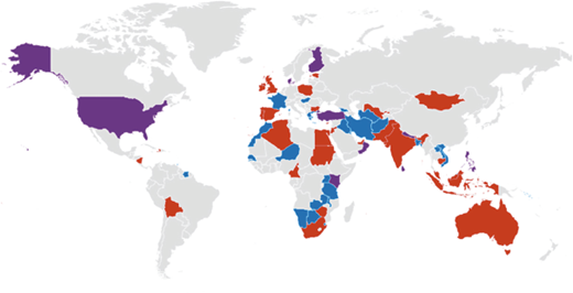 Countries with data available for IGT (red), IFG (blue), or both (purple).