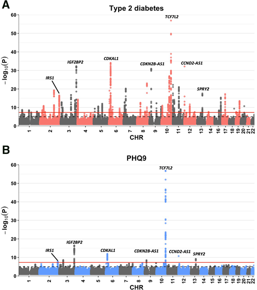 Manhattan plots of type 2 diabetes (A) and PHQ-9 (B) after MP-GWAS in the UKBB. The red horizontal lines show the genome-wide significance threshold (P < 5 × 10−8). The dashed horizontal lines show the suggestive genome-wide significance threshold (P < 1 × 10−5). The shared loci are annotated. CHR, chromosome.