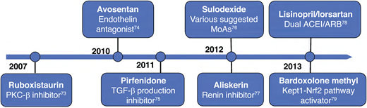 The timeline of the major therapeutic outcome trials focused on delaying DKD in patients with type 2 diabetes and CKD following the publication of RENAAL and IDNT (73–79). MoAs, mechanisms of action.