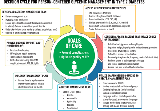 Decision cycle for person-centered glycemic management in type 2 diabetes. Adapted from Davies et al. (246). BGM, blood glucose monitoring; BP, blood pressure; CGM, continuous glucose monitoring; CKD, chronic kidney disease; CVD, atherosclerotic cardiovascular disease; DSMES, diabetes self-management education and support; HF, heart failure.