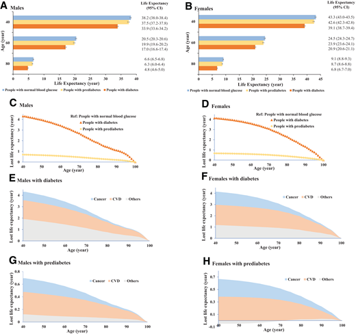 Life expectancy and years of life lost by diabetes status. A and B: Estimated life expectancy at age 40, 60, and 80 years by diabetes status. C and D: Loss of life expectancy of people with prediabetes or diabetes. E–H: Estimated years of life lost attributable to increased deaths from cardiovascular disease, cancer, and other causes in people with prediabetes or diabetes.