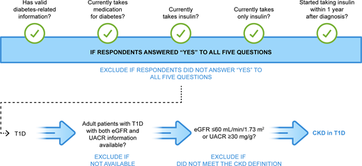 Algorithm used to identify adult respondents with type 1 diabetes and CKD in NHANES (11). As part of the inclusion criteria, all respondents had to be ≥18 years old at the time of the interview. CKD, chronic kidney disease; eGFR, estimated glomerular filtration rate; NHANES, National Health and Nutrition Examination Survey; T1D, type 1 diabetes; UACR, urinary albumin-to-creatinine ratio.