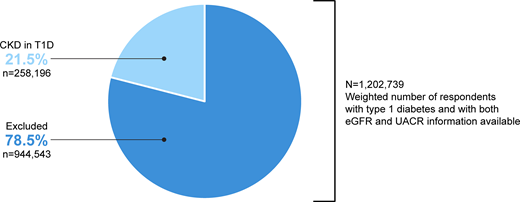 Prevalence of T1D and CKD in the U.S. (weighted population). NHANES sampling weights account for oversampling of specific populations, noncoverage, and nonresponse; therefore, this weighting (extrapolation) may be used to provide national estimates representative of the overall U.S. population. CKD, chronic kidney disease; eGFR, estimated glomerular filtration rate; NHANES, National Health and Nutrition Examination Survey; T1D, type 1 diabetes; UACR, urinary albumin-to-creatinine ratio.