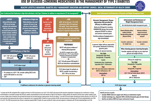 Use of glucose-lowering medications in the management of type 2 diabetes. ACEi, angiotensin-converting enzyme inhibitor; ACR, albumin-to-creatinine ratio; ARB, angiotensin receptor blocker; ASCVD, atherosclerotic cardiovascular disease; CGM, continuous glucose monitoring; CKD, chronic kidney disease; CV, cardiovascular; CVD, cardiovascular disease; CVOT, cardiovascular outcomes trial; DPP-4i, dipeptidyl peptidase 4 inhibitor; eGFR, estimated glomerular filtration rate; GLP-1 RA, glucagon-like peptide 1 receptor agonist; HF, heart failure; HFpEF, heart failure with preserved ejection fraction; HFrEF, heart failure with reduced ejection fraction; HHF, hospitalization for heart failure; MACE, major adverse cardiovascular events; MI, myocardial infarction; SDOH, social determinants of health; SGLT2i, sodium-glucose cotransporter 2 inhibitor; T2D, type 2 diabetes; TZD, thiazolidinedione. Adapted from Davies et al. (84).