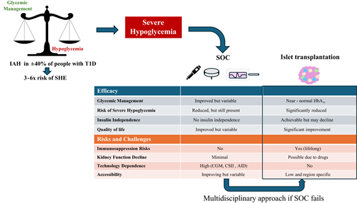 Efficacy, risks, and challenges of SOC and islet transplantation. IAH affects ∼40% of people with T1D, increasing their risk of SHE by 3–6 times. When SOC fails to prevent SHE, a multidisciplinary approach, including endocrinologists, diabetes educators, and transplant specialists, may be necessary to explore alternative treatments such as islet transplantation.