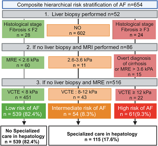 Risk stratification for AF using hierarchical composite criterionwas performed from, in order of priority depending on availability, histological stage of fibrosis on liver biopsy; if liver biopsy was not performed, result of MRI, and if not available, LSM using VCTE via FibroScan.