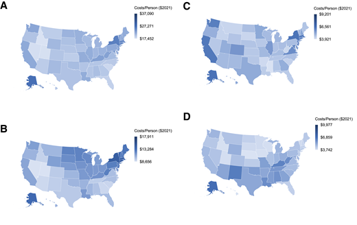 A–D: Quintiles of state-level diabetes-attributable per-person annual economic costs (U.S. dollars) and by component in 2021: total economic cost (A), medical costs (B), morbidity costs (C), and mortality costs (D).