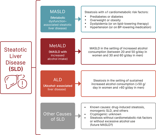 Nomenclature changes in SLD. BP, blood pressure; MetALD, metabolic dysfunction and alcoholic liver disease.