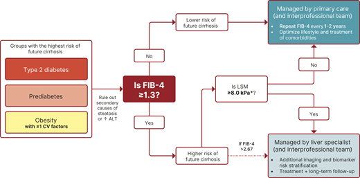 Diagnostic algorithm for risk stratification and the prevention of cirrhosis in individuals with MASLD. *In the absence of LSM, consider the blood-based ELF test as a diagnostic alternative. If ELF score is ≥9.8, a referral to a liver specialist is recommended, as there is a high risk of MASH with advanced liver fibrosis. Adapted from “Standards of Care of Diabetes—2025” (59).