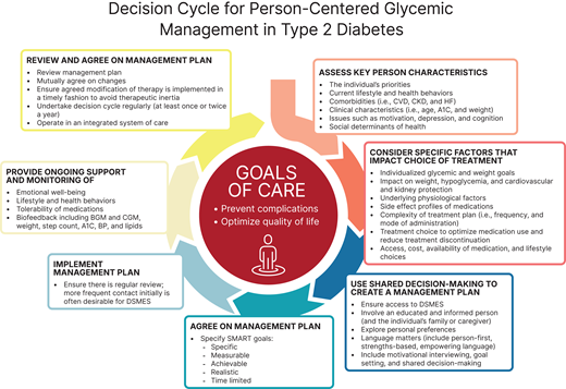 Decision cycle for person-centered glycemic management in type 2 diabetes. BGM, blood glucose monitoring; BP, blood pressure; CGM, continuous glucose monitoring; CKD, chronic kidney disease; CVD, cardiovascular disease; DSMES, diabetes self-management education and support; HF, heart failure. Adapted from Davies et al. (324).