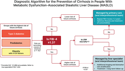 Diagnostic algorithm for risk stratification and the prevention of cirrhosis in individuals with metabolic dysfunction–associated steatotic liver disease (MASLD). CV, cardiovascular; ELF, enhanced liver fibrosis test; FIB-4, fibrosis-4 index; LSM, liver stiffness measurement, as measured by vibration-controlled transient elastography. *In the absence of LSM, consider ELF a diagnostic alternative. If ELF ≥9.8, an individual is at high risk of metabolic dysfunction–associated steatohepatitis with advanced liver fibrosis (≥F3–F4) and should be referred to a liver specialist.
