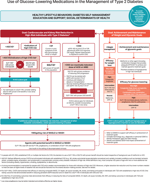 Use of glucose-lowering medications in the management of type 2 diabetes. The left side of the algorithm prioritizes mitigation of diabetes-related complications and end-organ effects, while the right side addresses weight and glucose management goals. ACEi, angiotensin-converting enzyme inhibitor; ACR, albumin-to-creatinine ratio; ARB, angiotensin receptor blocker; ASCVD, atherosclerotic cardiovascular disease; CGM, continuous glucose monitoring; CKD, chronic kidney disease; CV, cardiovascular; CVD, cardiovascular disease; CVOT, cardiovascular outcomes trial; DPP-4i, dipeptidyl peptidase 4 inhibitor; DSMES, diabetes self-management education and support; eGFR, estimated glomerular filtration rate; GLP-1 RA, glucagon-like peptide 1 receptor agonist; HF, heart failure; HFpEF, heart failure with preserved ejection fraction; HFrEF, heart failure with reduced ejection fraction; HHF, hospitalization for heart failure; MACE, major adverse cardiovascular events; MASH, metabolic dysfunction–associated steatohepatitis; MASLD, metabolic dysfunction–associated steatotic liver disease; MI, myocardial infarction; SDOH, social determinants of health; SGLT2i, sodium–glucose cotransporter 2 inhibitor; T2D, type 2 diabetes. Adapted from Davies et al. (89).