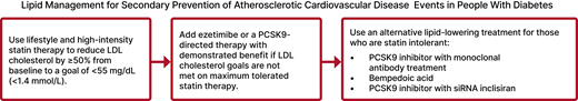 Recommendations for secondary prevention of atherosclerotic cardiovascular disease (ASCVD) in people with diabetes using cholesterol-lowering therapy. Adapted from “Standards of Care in Diabetes—2024 Abridged for Primary Care Professionals” (325).