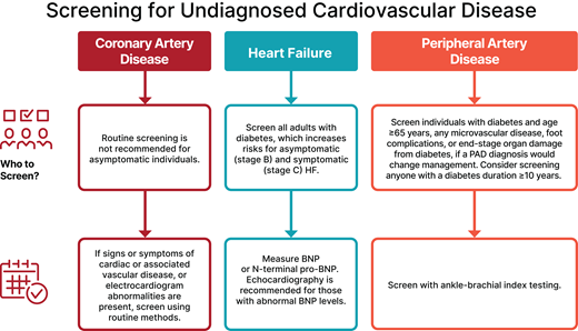 Recommendations for screening of asymptomatic and undiagnosed cardiovascular disease. BNP, B-type natriuretic peptide; HF, heart failure; PAD, peripheral artery disease. Adapted from “Standards of Care in Diabetes—2024 Abridged for Primary Care Professionals” (325).