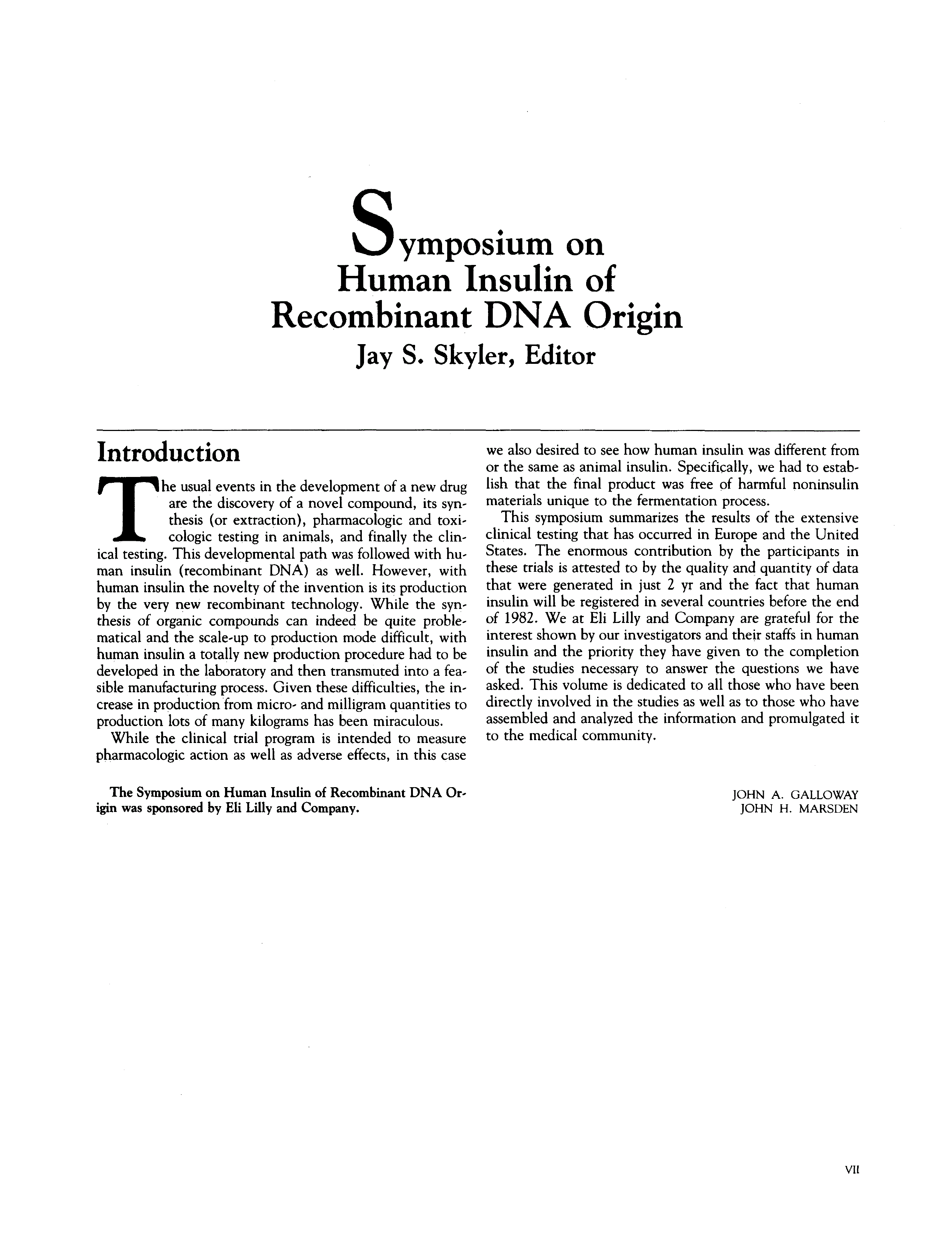 First page of Symposium on Human Insulin of Recombinant DNA Origin