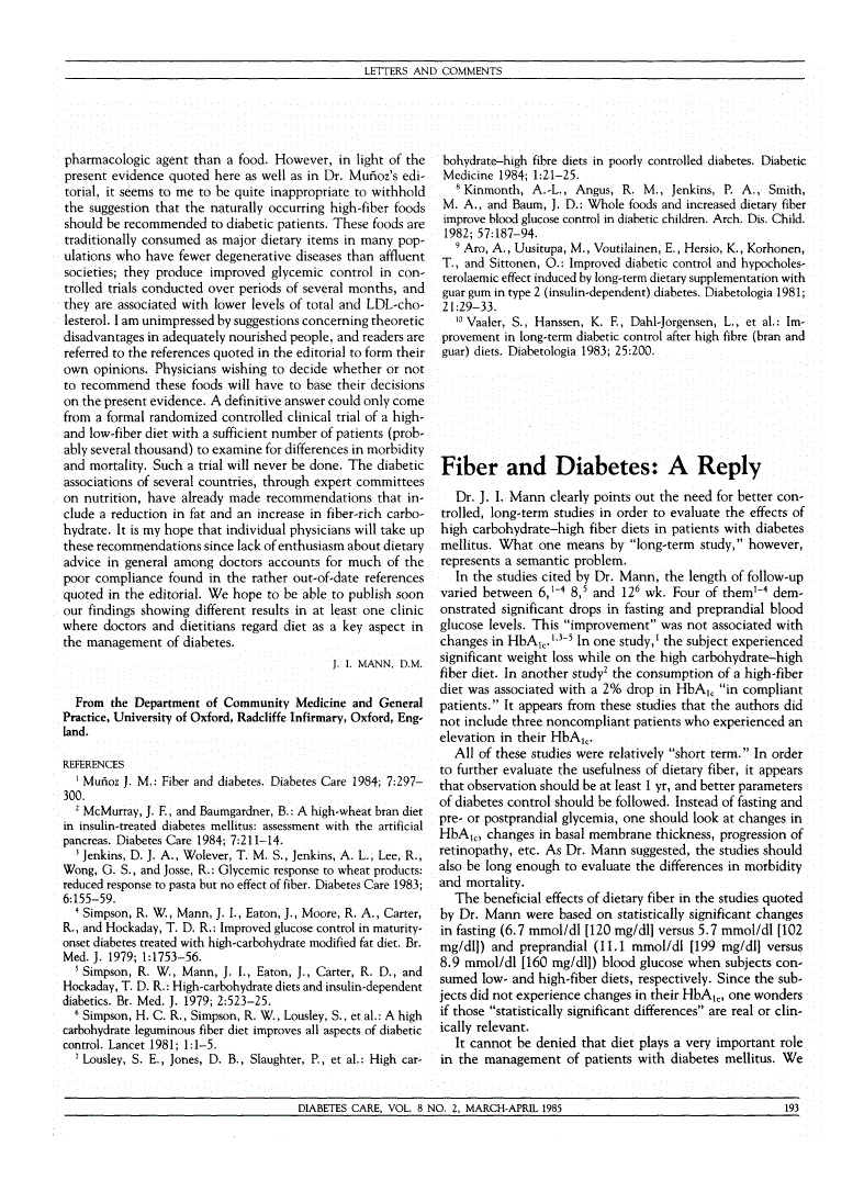 First page of Fiber and Diabetes: A Reply