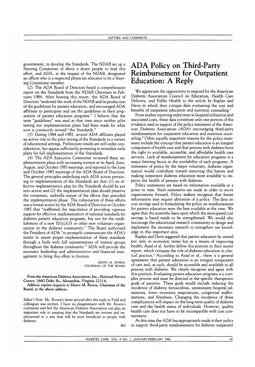 First page of ADA Policy on Third-Party Reimbursement for Outpatient Education: A Reply