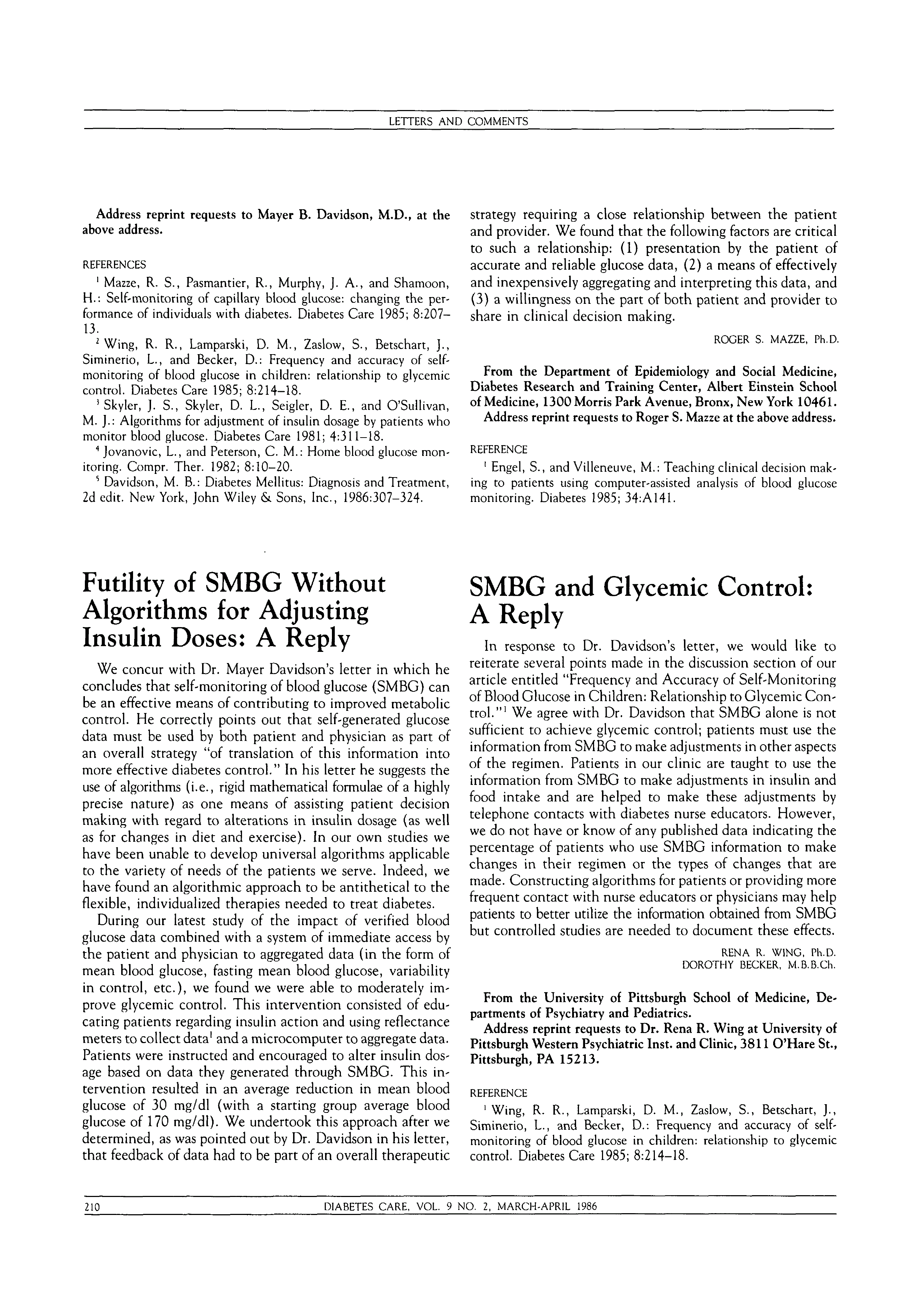 First page of Futility of SMBG Without Algorithms for Adjusting Insulin Doses: A Reply