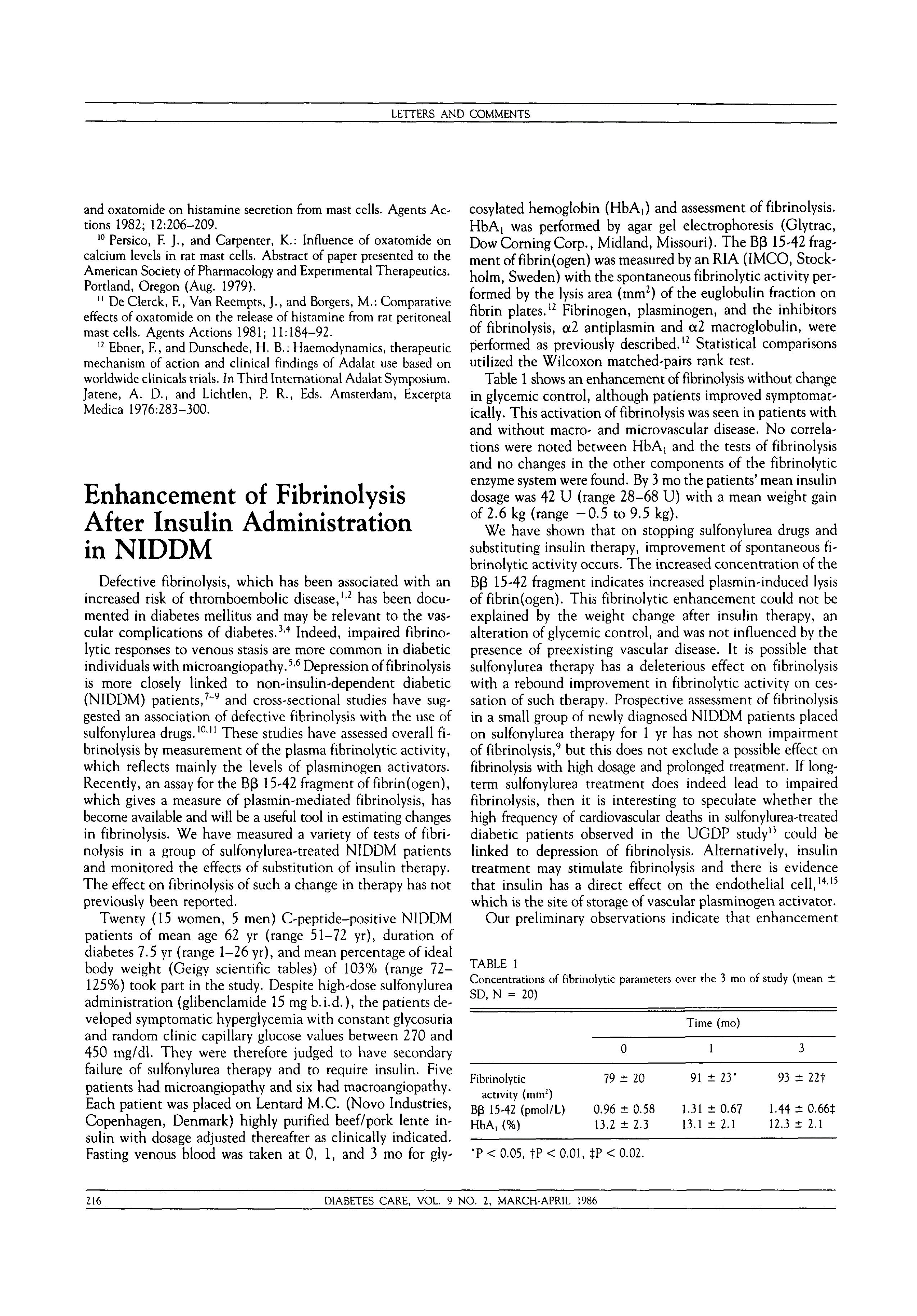 First page of Enhancement of Fibrinolysis After Insulin Administration in NIDDM