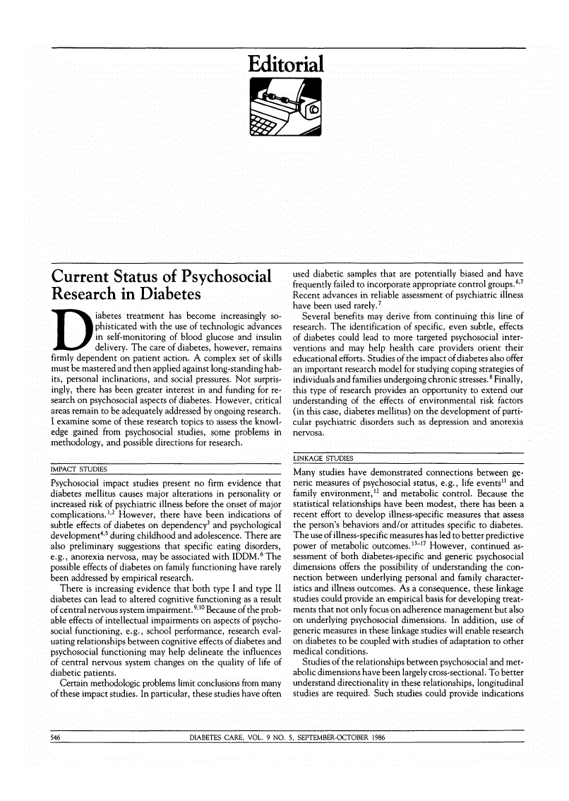First page of Current Status of Psychosocial Research in Diabetes