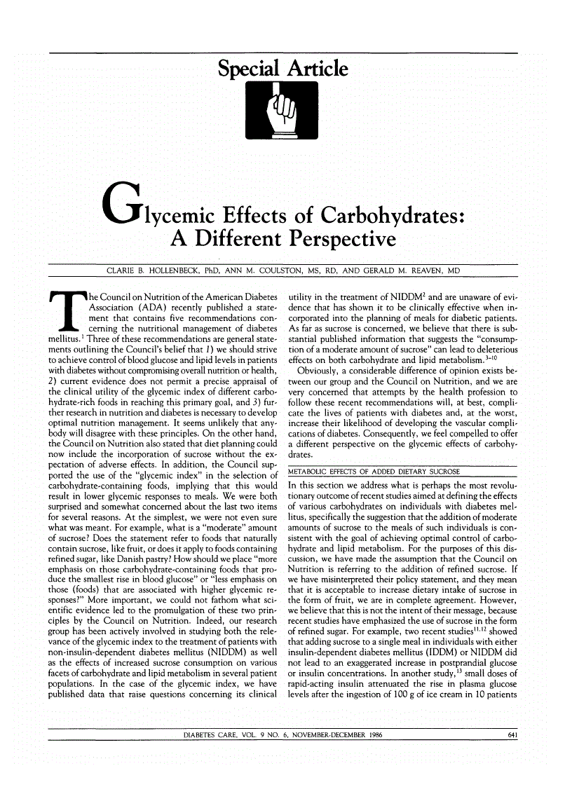 First page of Glycemic Effects of Carbohydrates: A Different Perspective