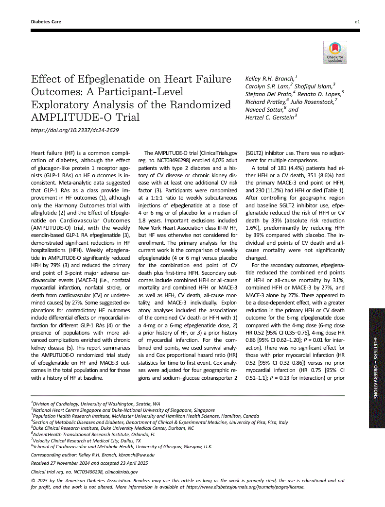 First page of Effect of Efpeglenatide on Heart Failure Outcomes: A Participant-Level Exploratory Analysis of the Randomized AMPLITUDE-O Trial