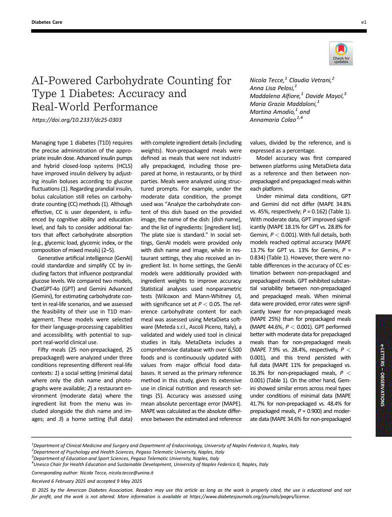 First page of AI-Powered Carbohydrate Counting for Type 1 Diabetes: Accuracy and Real-World Performance