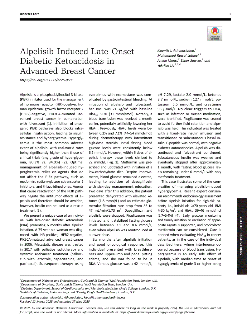 First page of Alpelisib-Induced Late-Onset Diabetic Ketoacidosis in Advanced Breast Cancer