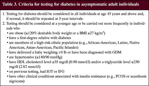 Criteria for testing for diabetes in asymptomatic adult individuals