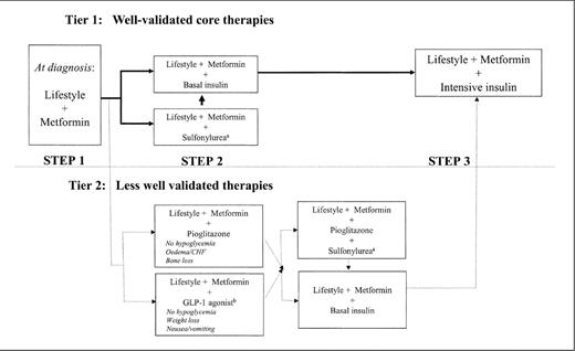 Figure 2. Algorithm for the metabolic management of type 2 diabetes; Reinforce lifestyle interventions at every visit and check A1C every 3 months until A1C is < 7% and then at least every 6 months. The interventions should be changed if A1C is > 7%. aSulfonylureas other than glybenclamide (glyburide) or chlorpropamide. bInsufficient clinical use to be confident regarding safety. See text box, entitled titration of metformin. See Figure. 1 for initiation and adjustment of insulin. CHF, congestive heart failure.