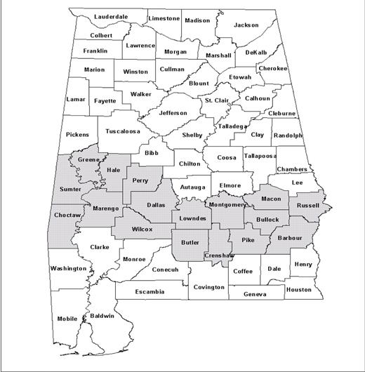Figure 1. Traditional counties of the Alabama Black Belt. Source: Center for Business and Economic Research, University of Alabama. Alabama Maps, available from http://cber.cba.ua.edu/edata/maps/AlabamaMaps1.html.