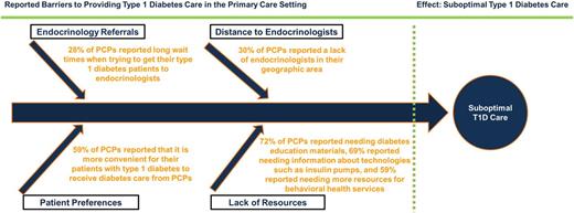 FIGURE 2. Barriers to providing type 1 diabetes care in primary care settings. T1D, type 1 diabetes.
