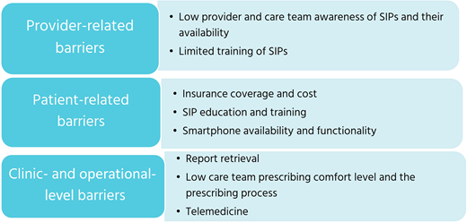 Barriers categorized as provider-related, patient-related, and clinic- and operational-level factors.