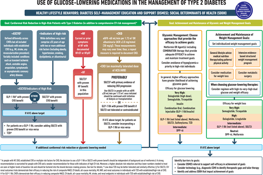 Use of glucose-lowering medications in the management of type 2 diabetes. ACEi, ACE inhibitor; ACR, albumin-to-creatinine ratio; CVOT, cardiovascular outcomes trial; DPP-4i, dipeptidyl peptidase 4 inhibitor; GLP-1 RA, glucagon-like peptide 1 receptor agonist; HHF, hospitalization for heart failure; SGLT2i, sodium-glucose cotransporter 2 inhibitor; T2D, type 2 diabetes. Adapted from Davies MJ, Aroda VR, Collins BS, et al. Diabetes Care 2022;45:2753–2786.